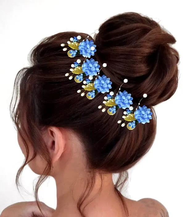 Blue_Artificial_Flower_With_Pearl_Bridal_Hair_Pin_Accessories_For_Women_&_Girls