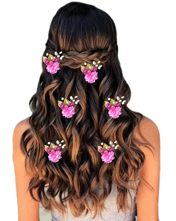 Pack_of_6_Dark_Pink_Artificial_Flower_With_Pearl_And_Metal_Leaf_Hair_Pin_Accessories_For_Women