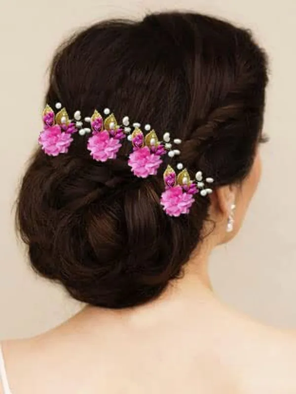Pack_of_6_Dark_Pink_Artificial_Flower_With_Pearl_And_Metal_Leaf_Hair_Pin_Accessories_For_Women