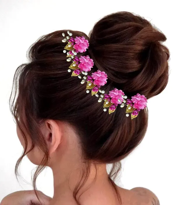 Pack_of_6_Dark_Pink_Artificial_Flower_With_Pearl_And_Metal_Leaf_Hair_Pin_Accessories_For_Women
