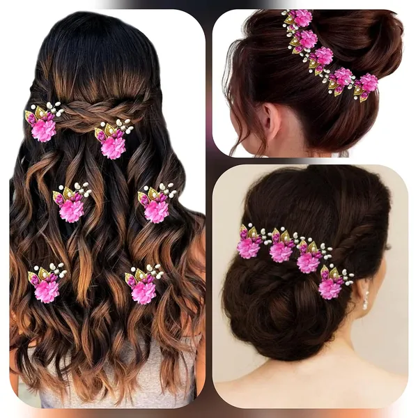 Pack_of_6_Dark_Pink_Artificial_Flower_With_Pearl_And_Metal_Leaf_Hair_Pin_Accessories_For_Women