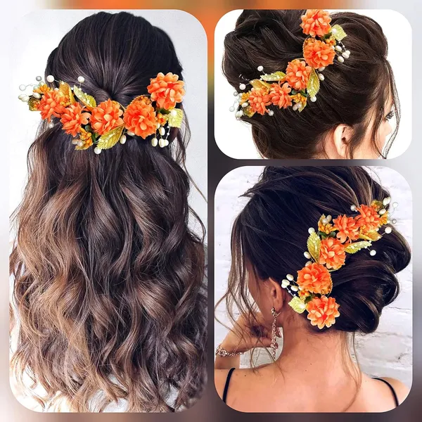 Orange_Artificial_Flower_Hair_Vein,_Fancy_Bridal_Hair_Pin_For_Women_&_Girls