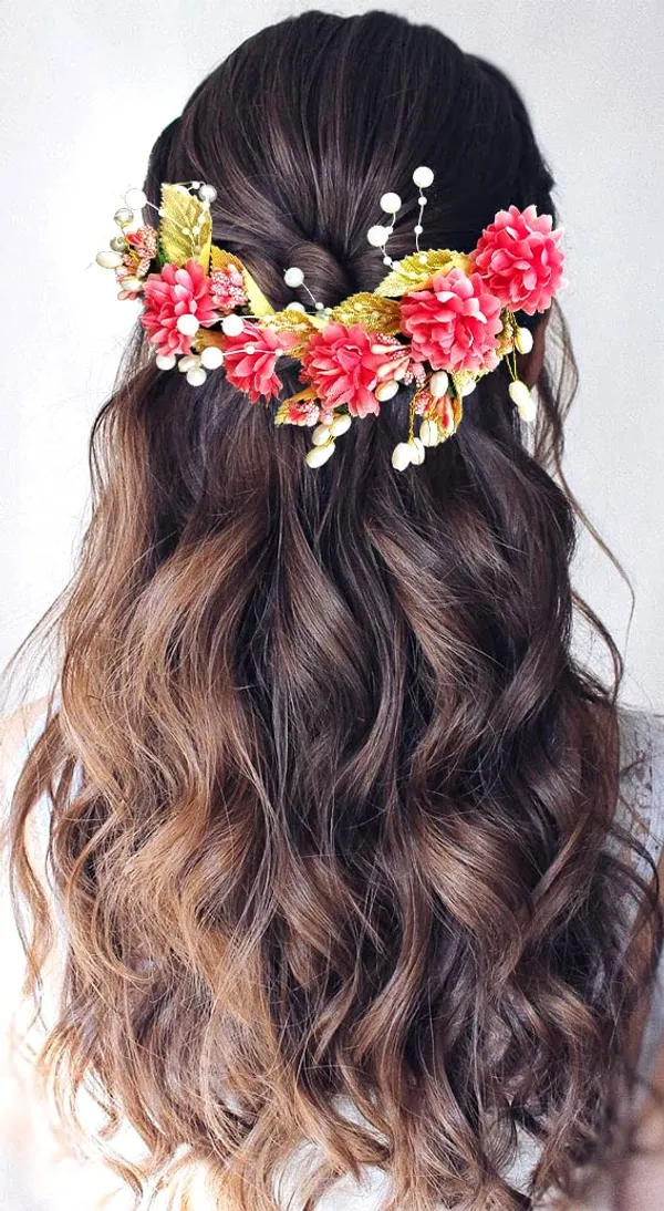 Peach_Artificial_Flower_Hair_Vein,_Fancy_Bridal_Hair_Pin_For_Women_&_Girls