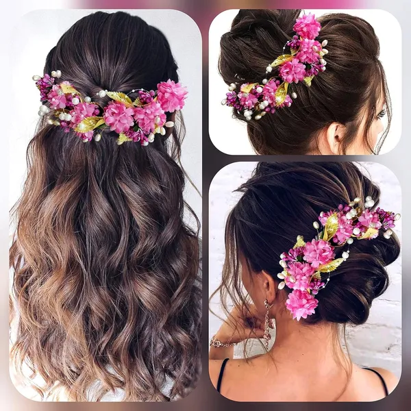 Dark_Pink_Artificial_Flower_Hair_Vein,_Fancy_Bridal_Hair_Pin_For_Women_&_Girls