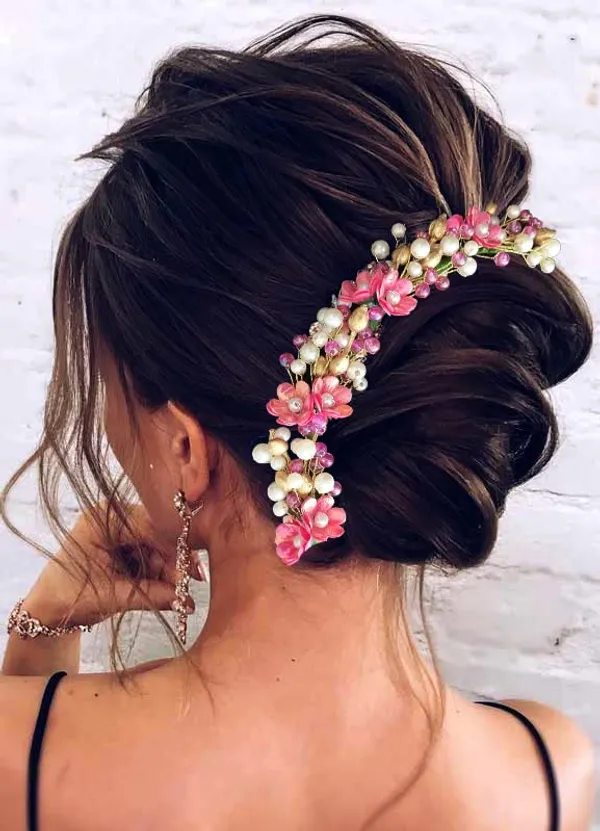 Dark_Pink_Artificial_Small_Rose_With_Metals_And_Pearls_Hair_Vein_Accessories_For_Women_&_Girls