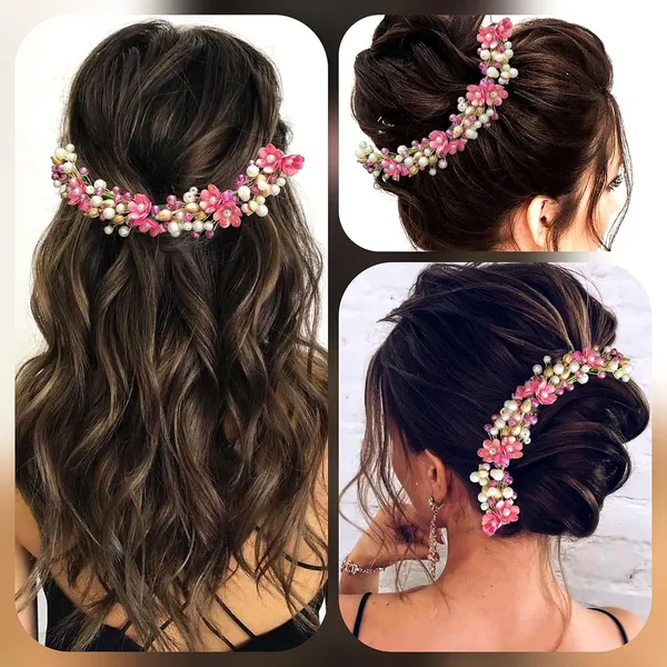 Dark_Pink_Artificial_Small_Rose_With_Metals_And_Pearls_Hair_Vein_Accessories_For_Women_&_Girls