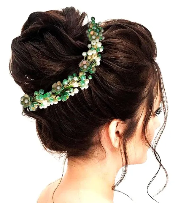 Green_Artificial_Small_Rose_With_Metals_And_Pearls_Hair_Vein_Accessories_For_Women_&_Girls