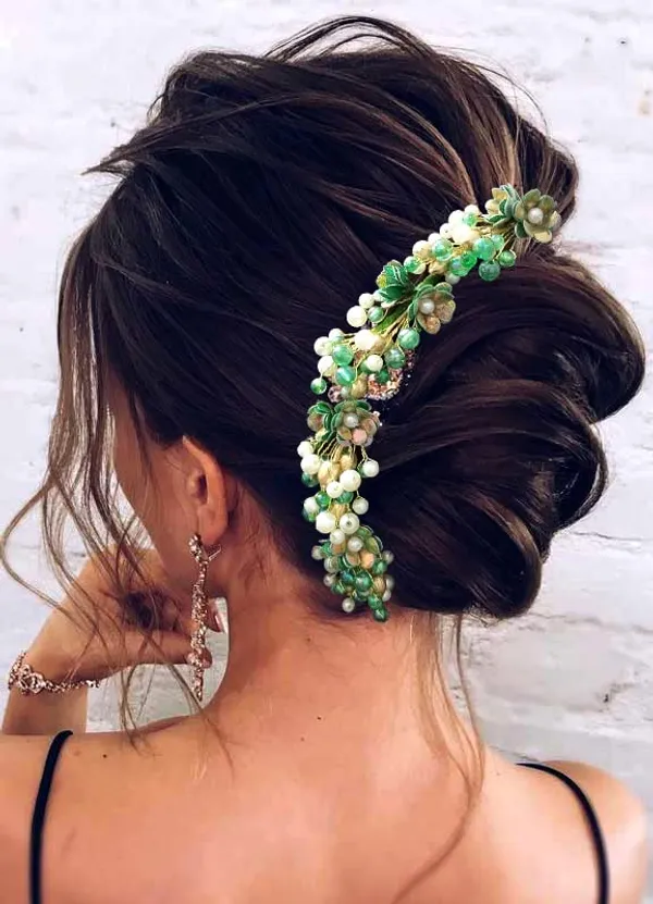 Green_Artificial_Small_Rose_With_Metals_And_Pearls_Hair_Vein_Accessories_For_Women_&_Girls