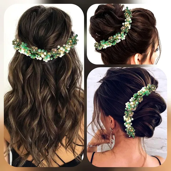Green_Artificial_Small_Rose_With_Metals_And_Pearls_Hair_Vein_Accessories_For_Women_&_Girls