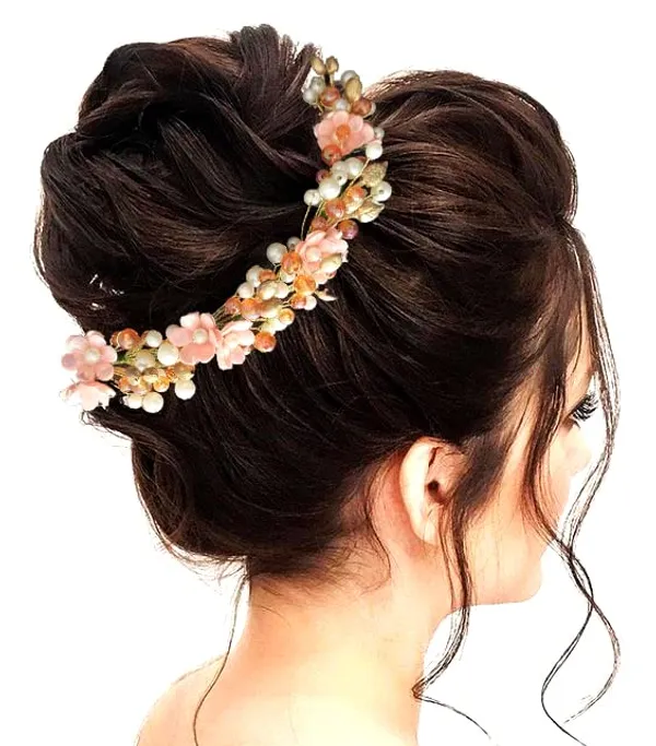 Peach_Artificial_Small_Rose_With_Metals_And_Pearls_Hair_Vein_Accessories_For_Women_&_Girls