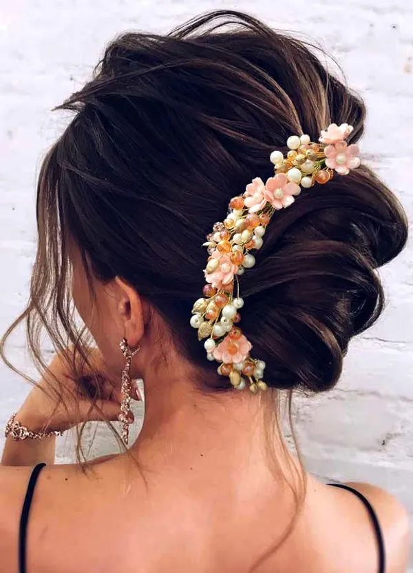 Peach_Artificial_Small_Rose_With_Metals_And_Pearls_Hair_Vein_Accessories_For_Women_&_Girls