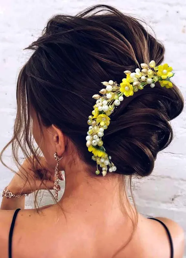 Yellow_Artificial_Small_Rose_With_Metals_And_Pearls_Hair_Vein_Accessories_For_Women_&_Girls