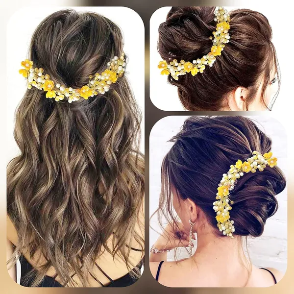 Yellow_Artificial_Small_Rose_With_Metals_And_Pearls_Hair_Vein_Accessories_For_Women_&_Girls