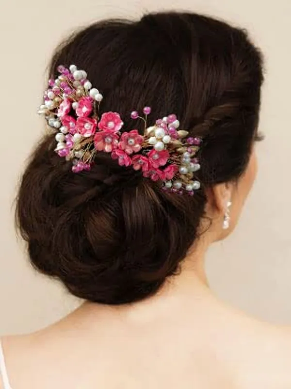 Dark_Pink_Artificial_Small_Flower_Comb_Slide_With_Beads_&_Pearls_Bridal_Hairpin_Accessories_For_Women_&_Girls