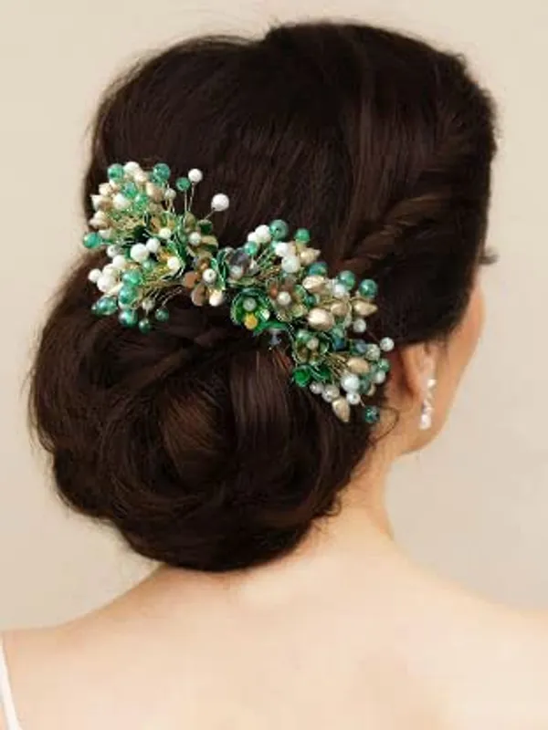 Green_Artificial_Small_Flower_Comb_Slide_With_Beads_&_Pearls_Bridal_Hairpin_Accessories_For_Women_&_Girls