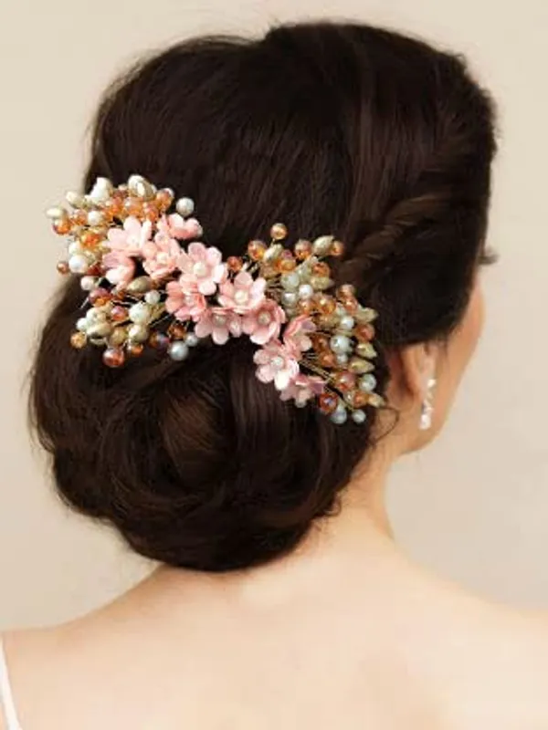 Peach_Artificial_Small_Flower_Comb_Slide_With_Beads_&_Pearls_Bridal_Hairpin_Accessories_For_Women_&_Girls