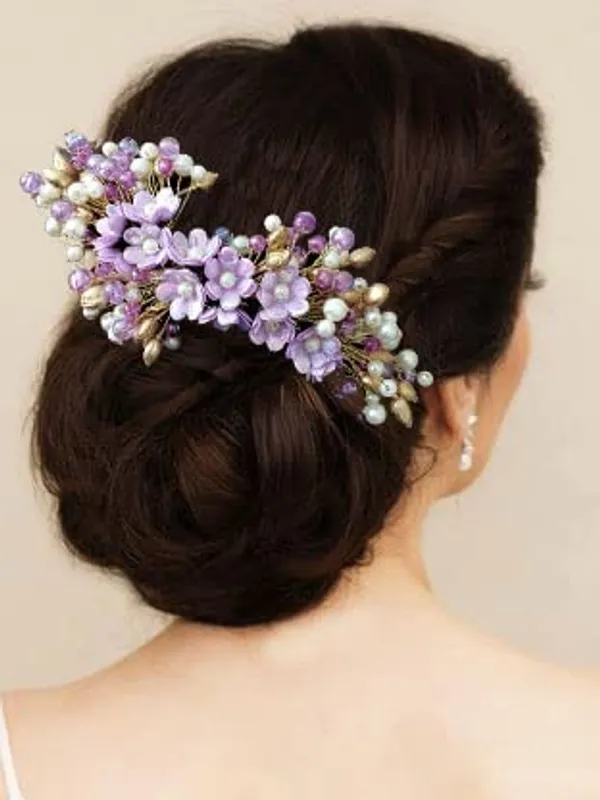 Purple_Artificial_Small_Flower_Comb_Slide_With_Beads_&_Pearls_Bridal_Hairpin_Accessories_For_Women_&_Girls
