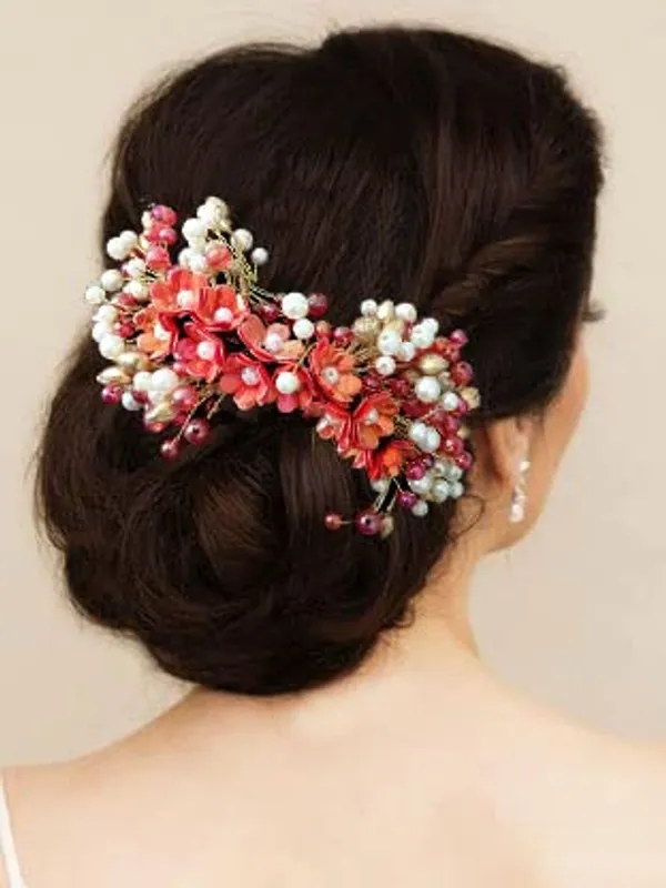 Red_Artificial_Small_Flower_Comb_Slide_With_Beads_&_Pearls_Bridal_Hairpin_Accessories_For_Women_&_Girls