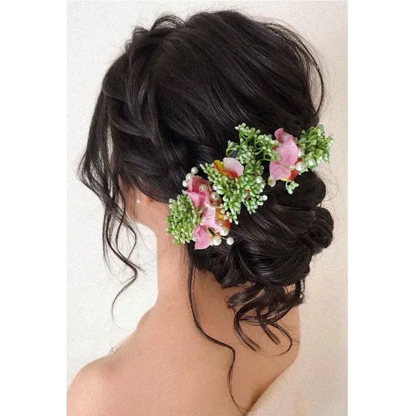 Baby_Pink_Artificial_Flower_With_Leaf_Designed_Bridal_Hair_Claw_Accessories_For_Women_&_Girls