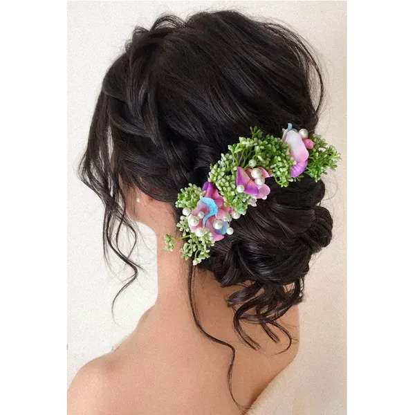 Multicolor_Artificial_Flower_With_Leaf_Designed_Bridal_Hair_Claw_Accessories_For_Women_&_Girls
