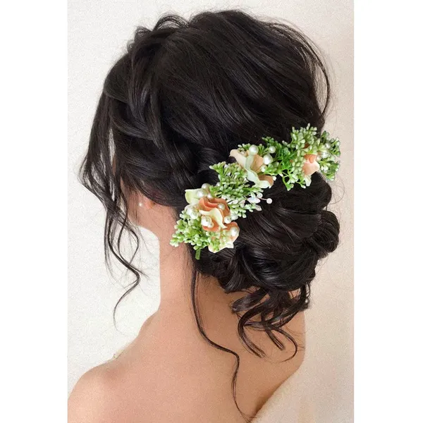 Peach_Artificial_Flower_With_Leaf_Designed_Bridal_Hair_Claw_Accessories_For_Women_&_Girls