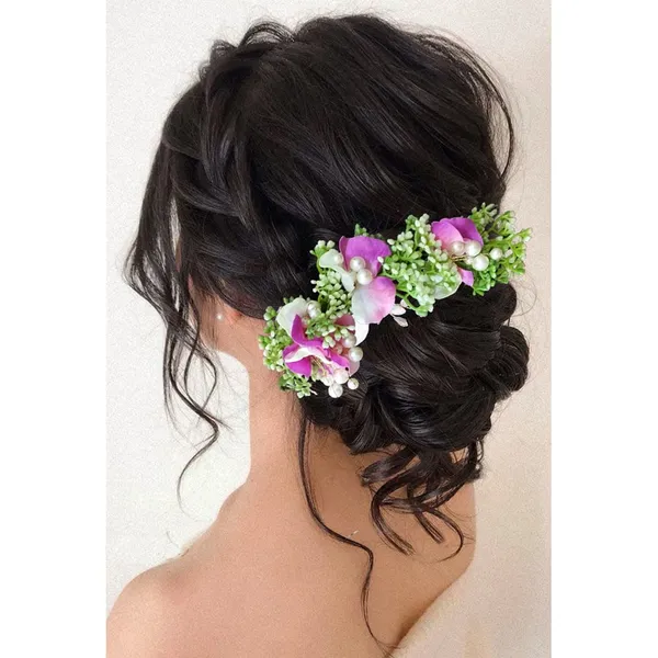 Purple_Artificial_Flower_With_Leaf_Designed_Bridal_Hair_Claw_Accessories_For_Women_&_Girls