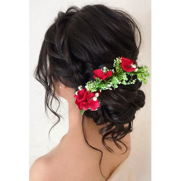 Red_Artificial_Flower_With_Leaf_Designed_Bridal_Hair_Claw_Accessories_For_Women_&_Girls