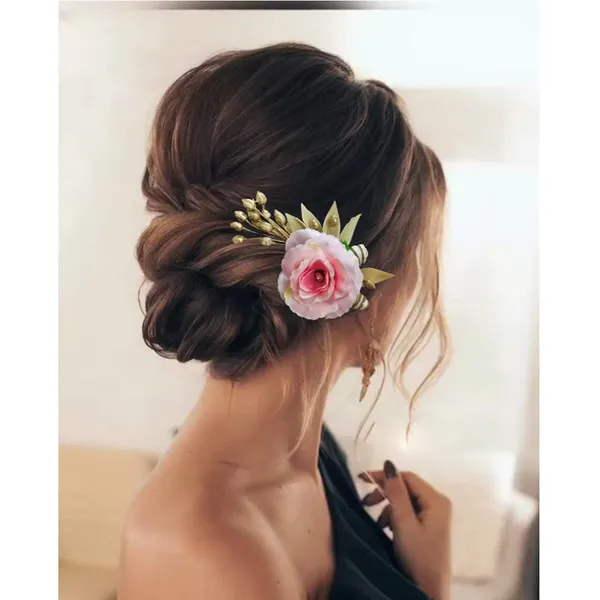 Baby_Pink_Artificial_Single_Rose_Flower_With_Metal_Golden_Leaf_Comb_Slide_Accessories_For_Women_&_Girls