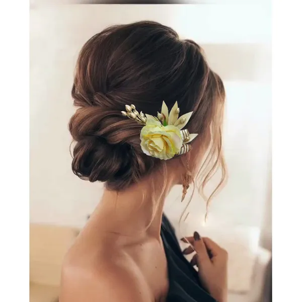 Cream_Artificial_Single_Rose_Flower_With_Metal_Golden_Leaf_Comb_Slide_Accessories_For_Women_&_Girls