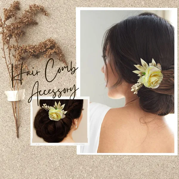 Cream_Artificial_Single_Rose_Flower_With_Metal_Golden_Leaf_Comb_Slide_Accessories_For_Women_&_Girls