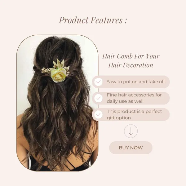 Cream_Artificial_Single_Rose_Flower_With_Metal_Golden_Leaf_Comb_Slide_Accessories_For_Women_&_Girls