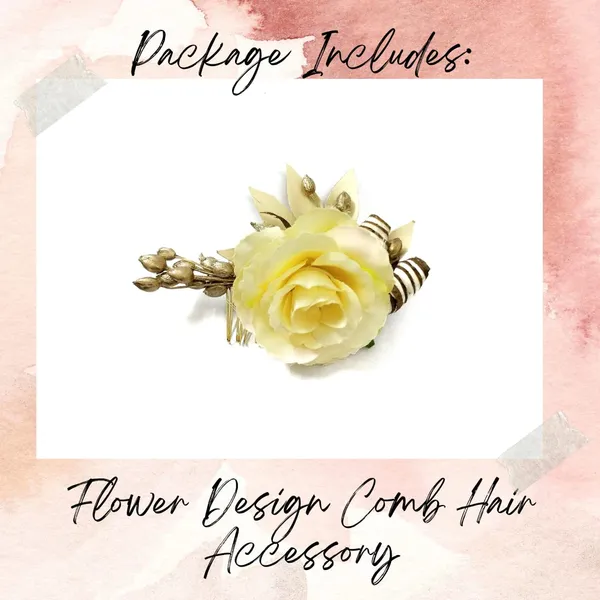 Cream_Artificial_Single_Rose_Flower_With_Metal_Golden_Leaf_Comb_Slide_Accessories_For_Women_&_Girls