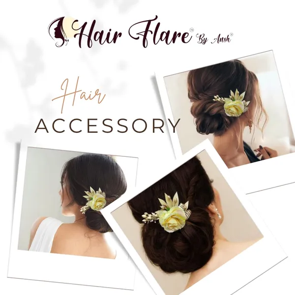 Cream_Artificial_Single_Rose_Flower_With_Metal_Golden_Leaf_Comb_Slide_Accessories_For_Women_&_Girls