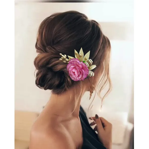 Dark_Pink_Artificial_Single_Rose_Flower_With_Metal_Golden_Leaf_Comb_Slide_Accessories_For_Women_&_Girls