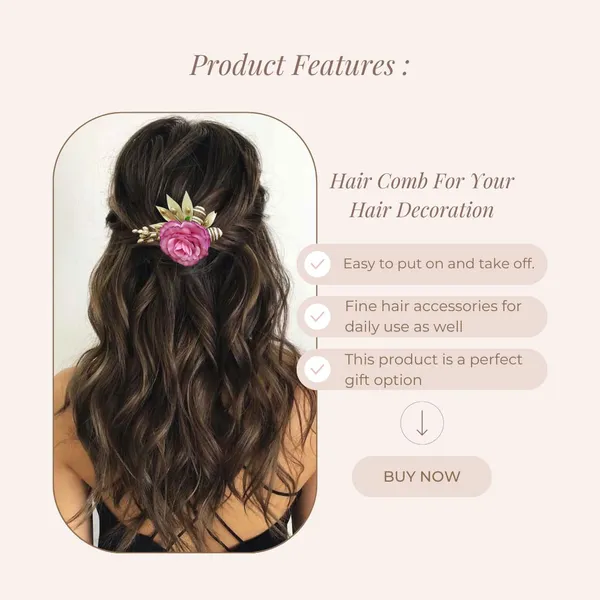 Dark_Pink_Artificial_Single_Rose_Flower_With_Metal_Golden_Leaf_Comb_Slide_Accessories_For_Women_&_Girls