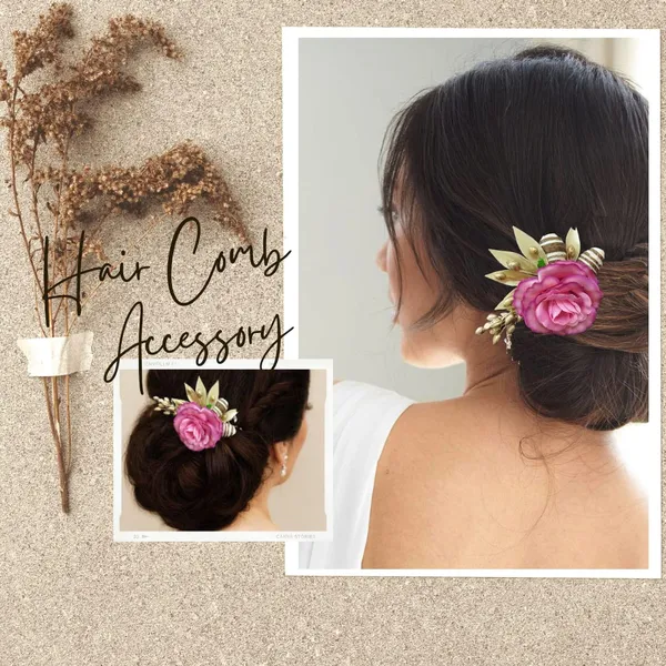 Dark_Pink_Artificial_Single_Rose_Flower_With_Metal_Golden_Leaf_Comb_Slide_Accessories_For_Women_&_Girls