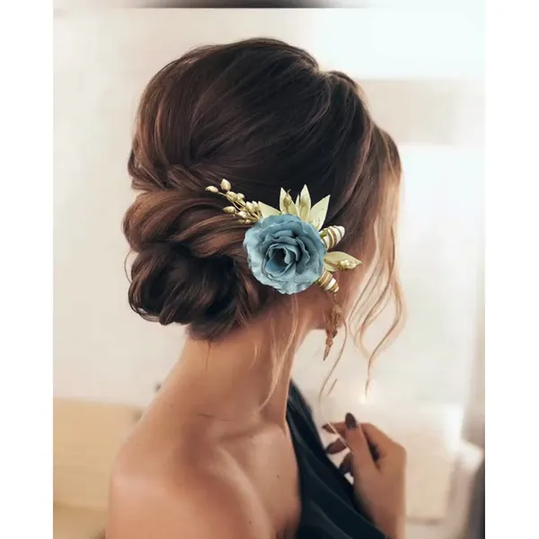 Grey_Artificial_Single_Rose_Flower_With_Metal_Golden_Leaf_Comb_Slide_Accessories_For_Women_&_Girls