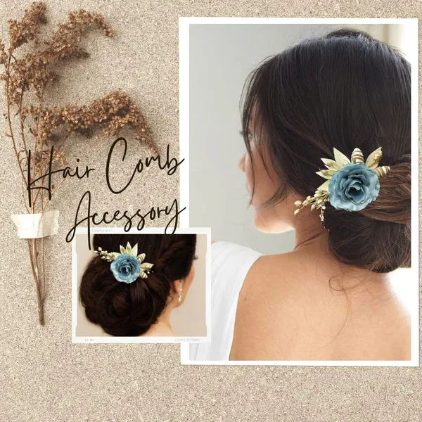 Grey_Artificial_Single_Rose_Flower_With_Metal_Golden_Leaf_Comb_Slide_Accessories_For_Women_&_Girls