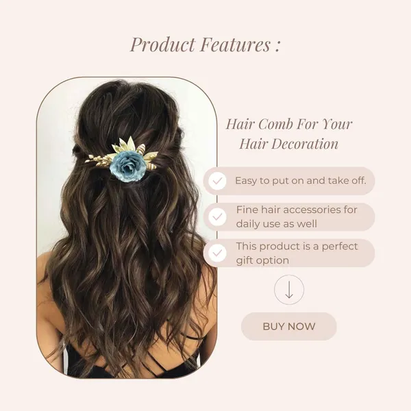 Grey_Artificial_Single_Rose_Flower_With_Metal_Golden_Leaf_Comb_Slide_Accessories_For_Women_&_Girls