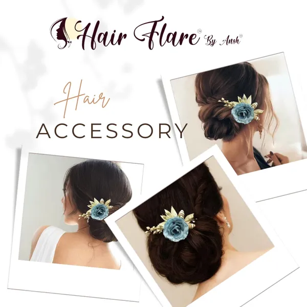 Grey_Artificial_Single_Rose_Flower_With_Metal_Golden_Leaf_Comb_Slide_Accessories_For_Women_&_Girls