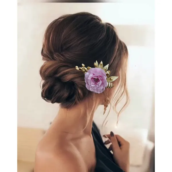 Purple_Artificial_Single_Rose_Flower_With_Metal_Golden_Leaf_Comb_Slide_Accessories_For_Women_&_Girls