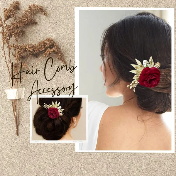 Red_Artificial_Single_Rose_Flower_With_Metal_Golden_Leaf_Comb_Slide_Accessories_For_Women_&_Girls