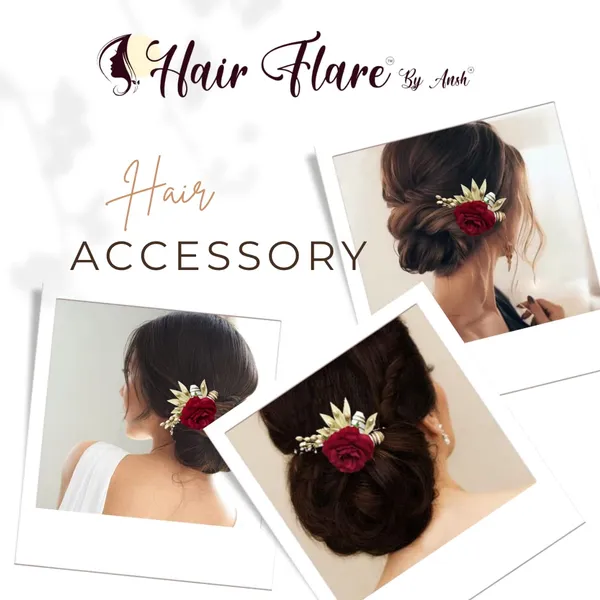 Red_Artificial_Single_Rose_Flower_With_Metal_Golden_Leaf_Comb_Slide_Accessories_For_Women_&_Girls