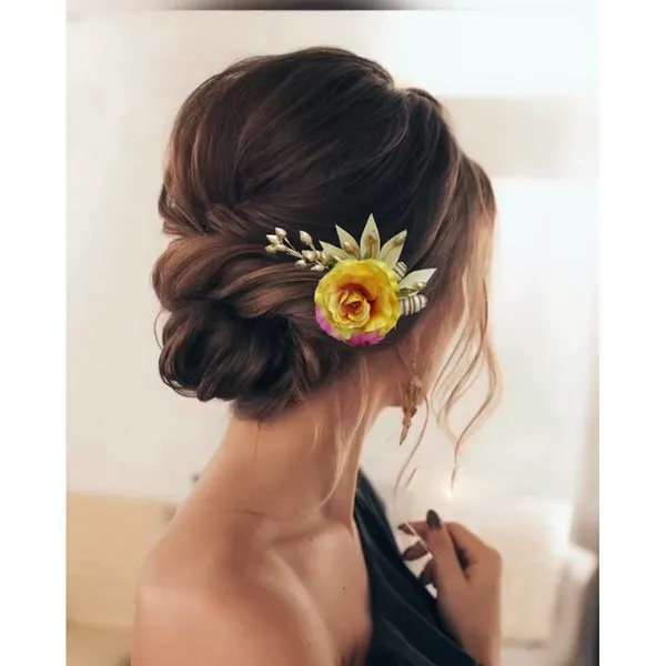 Yellow_Artificial_Single_Rose_Flower_With_Metal_Golden_Leaf_Comb_Slide_Accessories_For_Women_&_Girls