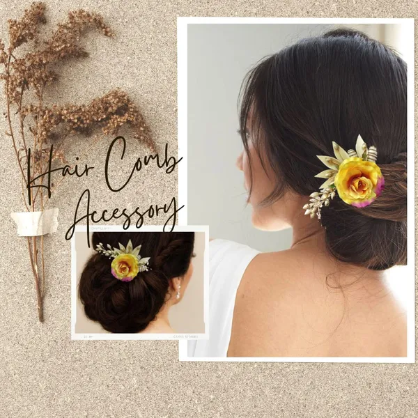 Yellow_Artificial_Single_Rose_Flower_With_Metal_Golden_Leaf_Comb_Slide_Accessories_For_Women_&_Girls