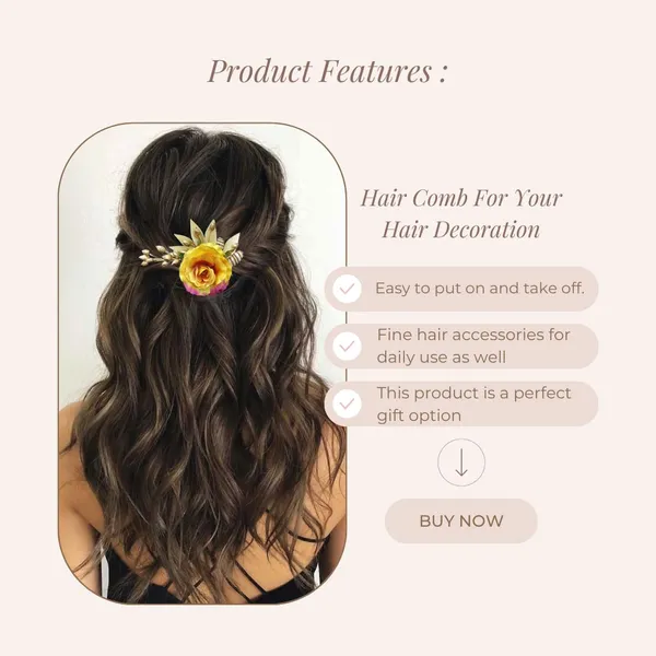 Yellow_Artificial_Single_Rose_Flower_With_Metal_Golden_Leaf_Comb_Slide_Accessories_For_Women_&_Girls