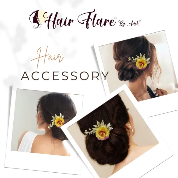 Yellow_Artificial_Single_Rose_Flower_With_Metal_Golden_Leaf_Comb_Slide_Accessories_For_Women_&_Girls