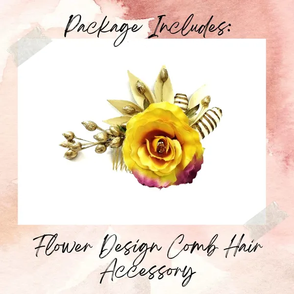 Yellow_Artificial_Single_Rose_Flower_With_Metal_Golden_Leaf_Comb_Slide_Accessories_For_Women_&_Girls