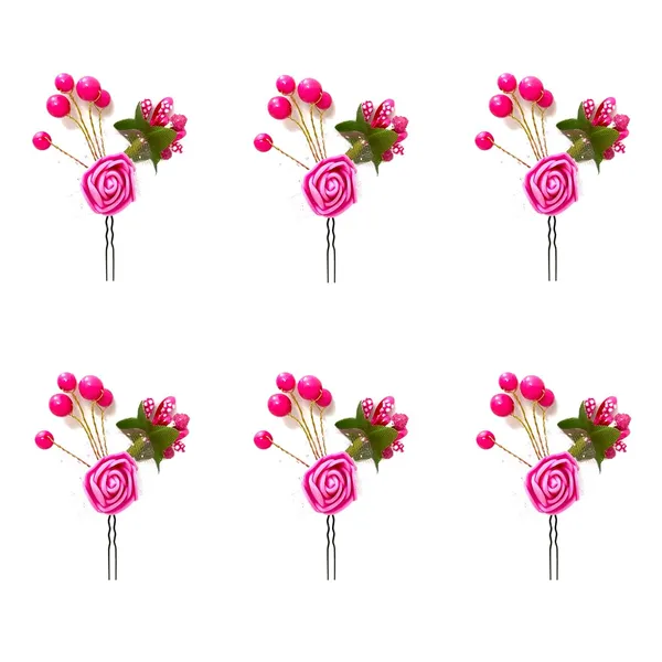 Pack_of_6_Dark_Pink_Artificial_Glossy_Rose_Flower_Design_Rounded_Hair_Pin_For_Women_Pins