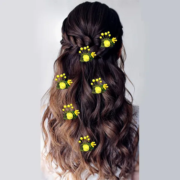 Pack_of_6_Yellow_Artificial_Glossy_Rose_Flower_Design_Rounded_Hair_Pin_For_Women_Pins
